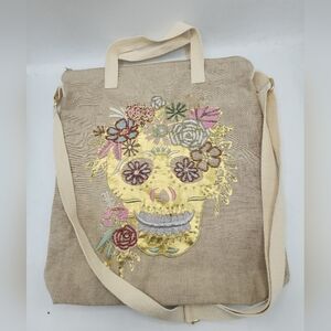 Sugar Skull Rose Flower Day of the Dead Handbag Shoulder In Tan